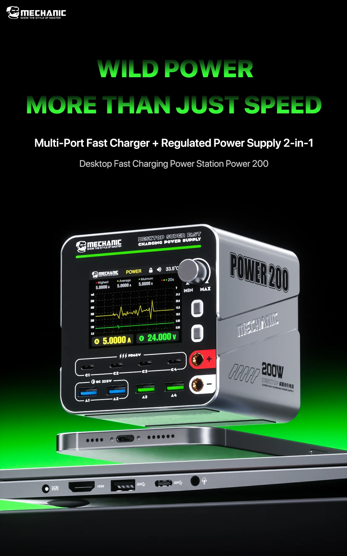 MECHANIC G-Power 200W Multiport Fast Charging Station Adjustable Power Supply Voltage Current Monitoring Power for Testing Tool