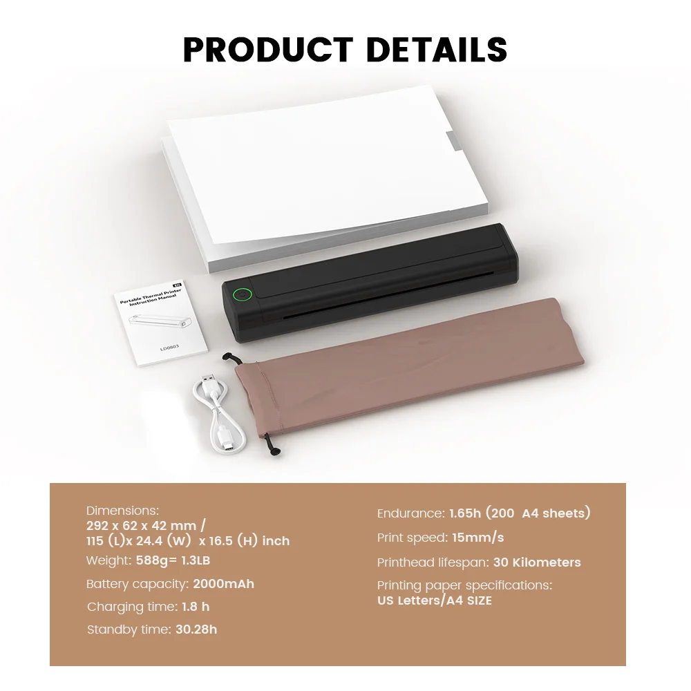 NEWYESポータブルA4サーマルミニプリンタ技術インクレスプリンタ