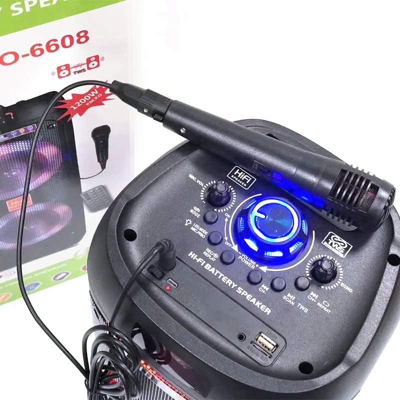 AO-6608 Super Kabelloser Hornlautsprecher mit starkem Bass,  Subwoofer-Vibration, Outdoor-Boombox, tragbar, LED-Licht,  Bluetooth-Lautsprecher