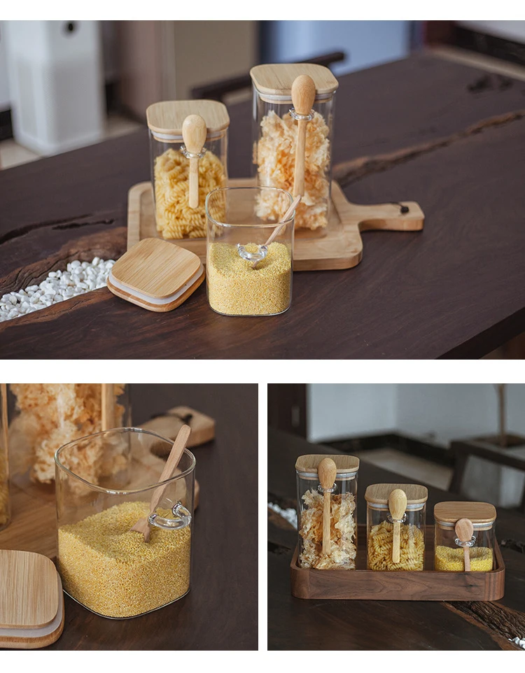 1000ml 1200ml 1500ml Square Shape Glass Spice Food Storage Container Jar with Bamboo Lid and Wooden Spoon for Food Storage