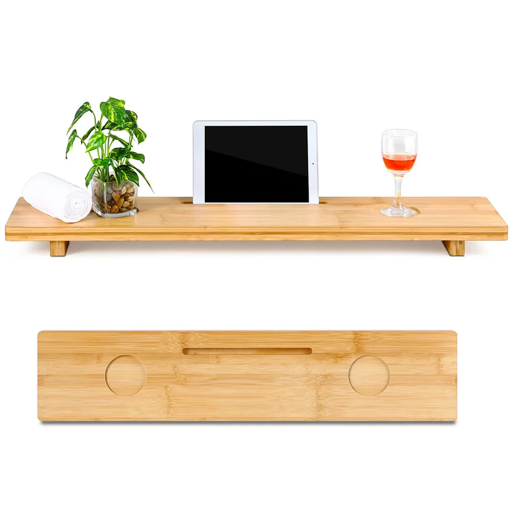 Large Spa-Like Wooden Bamboo Bath Tub Tray with Anti-Tipping Feature Table Rack Accessories for Bathrooms Set of Accessories