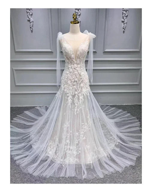 Bridal Long Sleeve Wedding Dress Wedding Tulle Luxury Lace Dress Embroidered Tulle Overlay Fishtail Wedding Dress