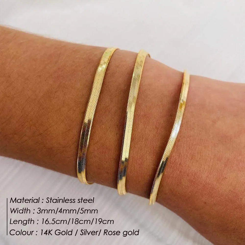 EManco Trendy Classic 14K Gold Plated Stainless Steel Thin Flat Snake Chain Bracelet for Women Gift Jewelry
