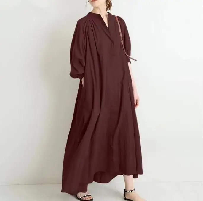 Women's Solid Color Cotton Linen Dresses Stand Collar Button Loose Women Clothes Long Sleeve Casual Long Shirt Dress