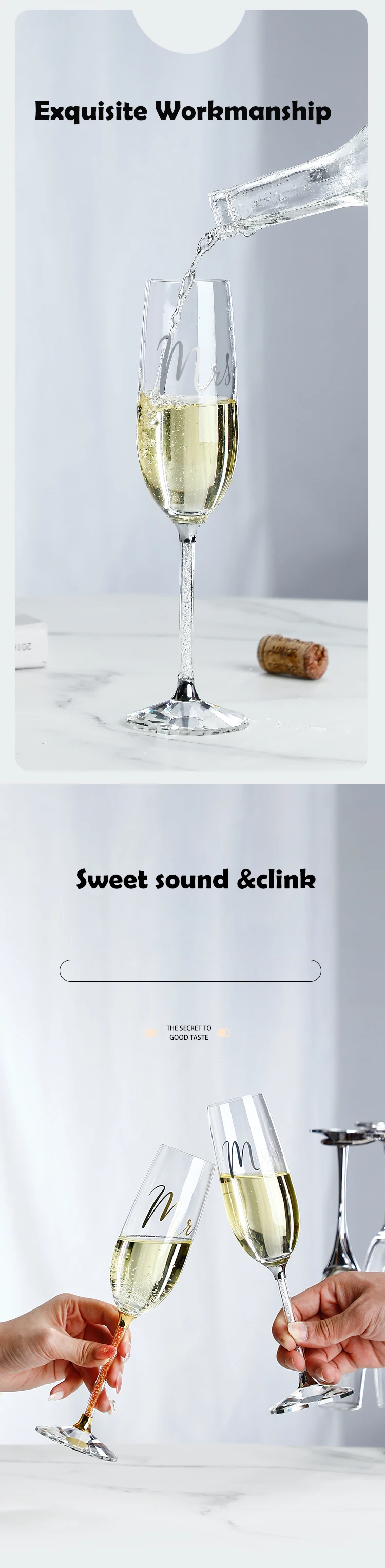 Wedding Crystal Champagne Glasses Silver Gold Metal Stand Flutes Wine