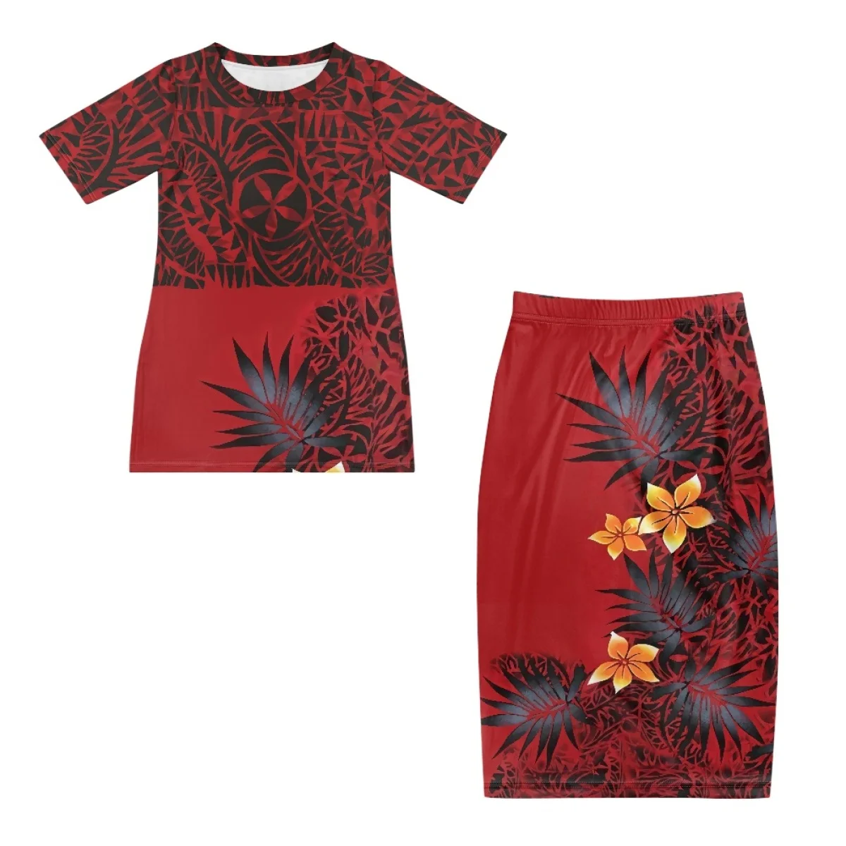 Samoan Puletasi Tapa Flower Shirt And Dress 2pcs Polynesian Tribal Red ...
