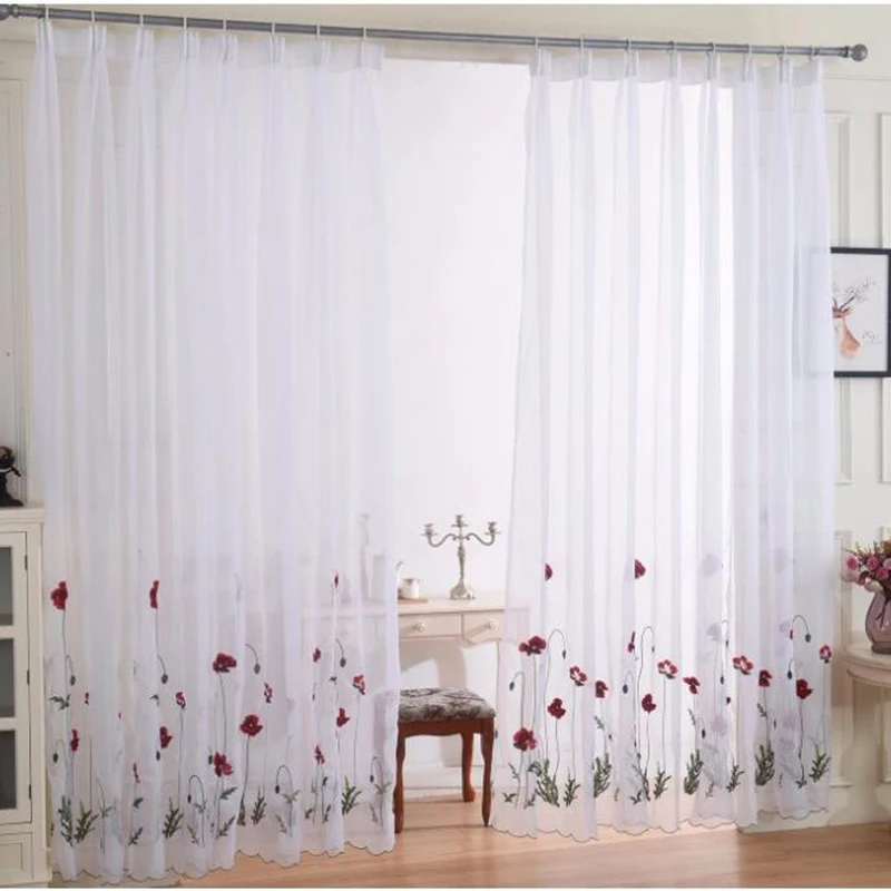 Tende Classiche Bianche Trasparenti con Ricamo Floreale Rosso, Tulle per Soggiorno, Semplici Drappeggi Pastorali per Finestre, Voile per Camera da Letto