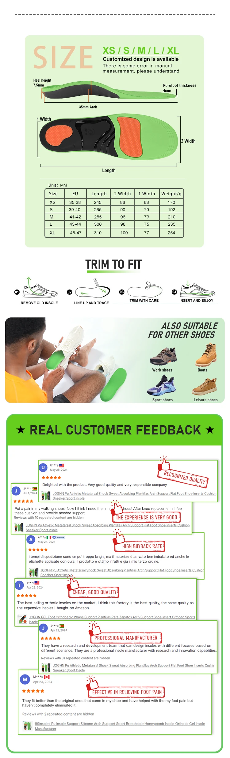 product joghn pu athletic metatarsal shock sweat absorbing plantillas arch support flat foot shoe inserts cushion sneaker sport insole-42