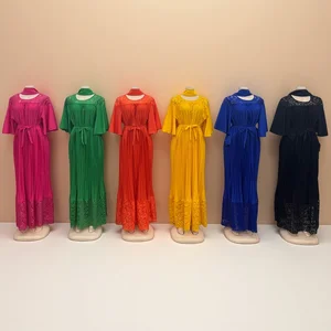 Summer Belted Slim-Fit Pleated Women's Short-Sleeve Patchwork Hollow Solid Color Round Neck Dress