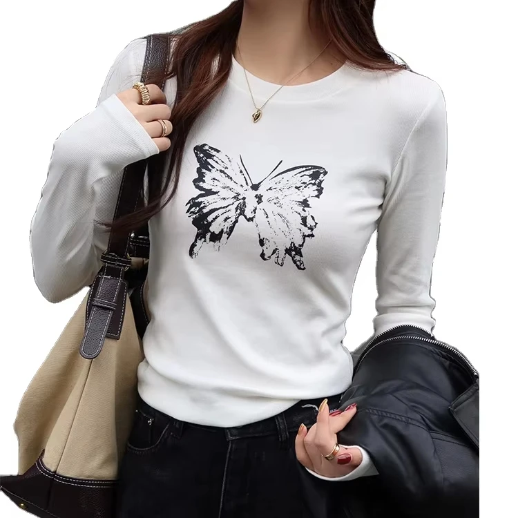 Women's Summer Slim Fit Short Naked Spicy Girl Top White Round Neck Long Sleeved T-Shirt Quick Dry Minimalist Style One Size