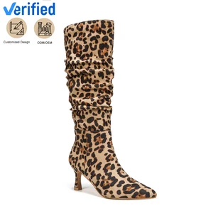 Fashion-Forward Leopard Print Slouchy Knee-High Stiletto Boots Pointed Toe Height Increasing Zip Closure Winter Over-the-Knee