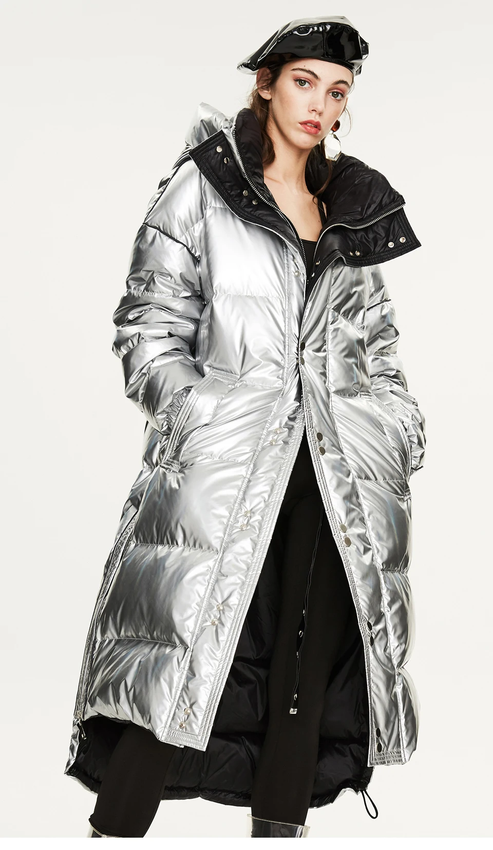 Winter warm silver down jacket women's long thick padded hooded for flash winter jacket men and women the same style