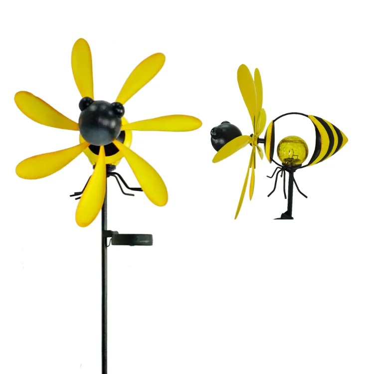 Custom Garden Ornament Metal Decorative windmill 3d Bee Solar Light Metal Wind Spinner