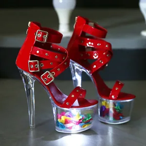 17cm Luminous Pole Climbing Shoes Women's Sandals Party Pole Dance Shoes Transparent Thin Heels Women Stripper Shoes