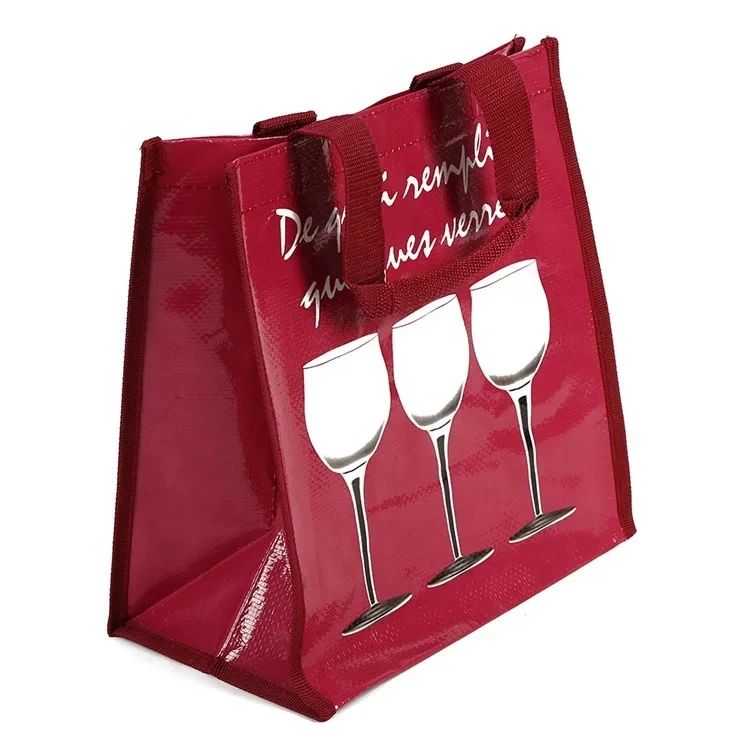 Unique Design Custom Bopp Laminated Custom Logo Printing Wine Tote Bag PP Woven Bag With Compartment