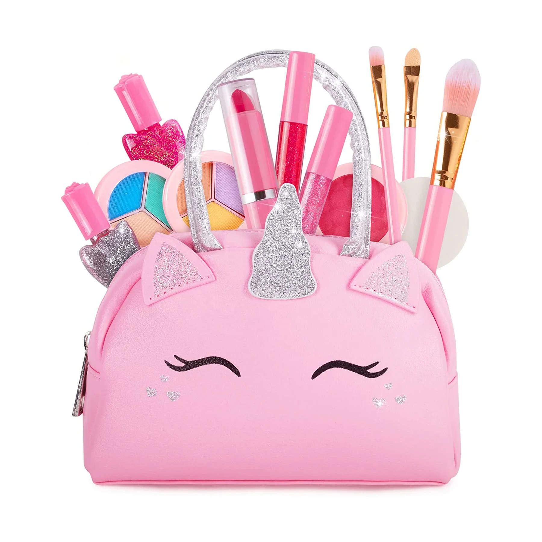 Новейший дизайн, нетоксичные моющиеся настоящие наборы для макияжа с портативной розовой сумкой в виде единорога для маленьких девочек