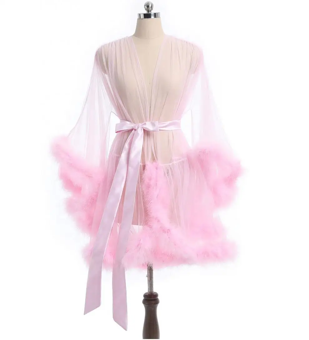 Sexy Feather Robe Seductive Mesh Perspective Sex Fur Bathrobe Passionate Waist Tightening Robe Dressing Gown
