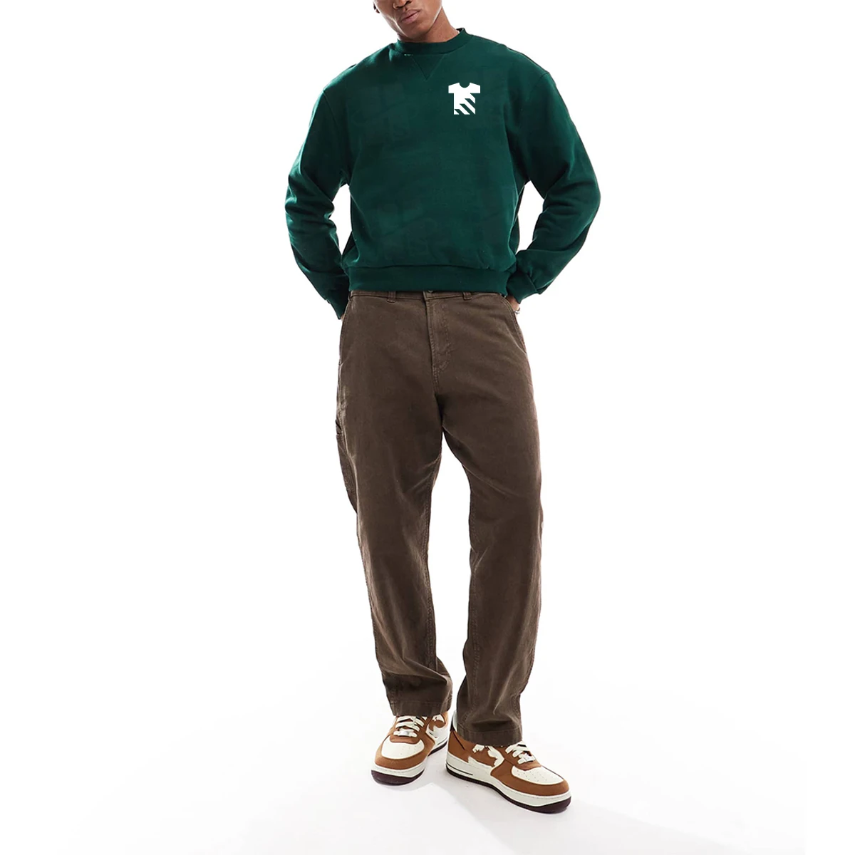 430gsm Mens Cotton Sweatshirt With Triangle Rib Panel Neckline Loose Fit Crewneck Streetwear Top