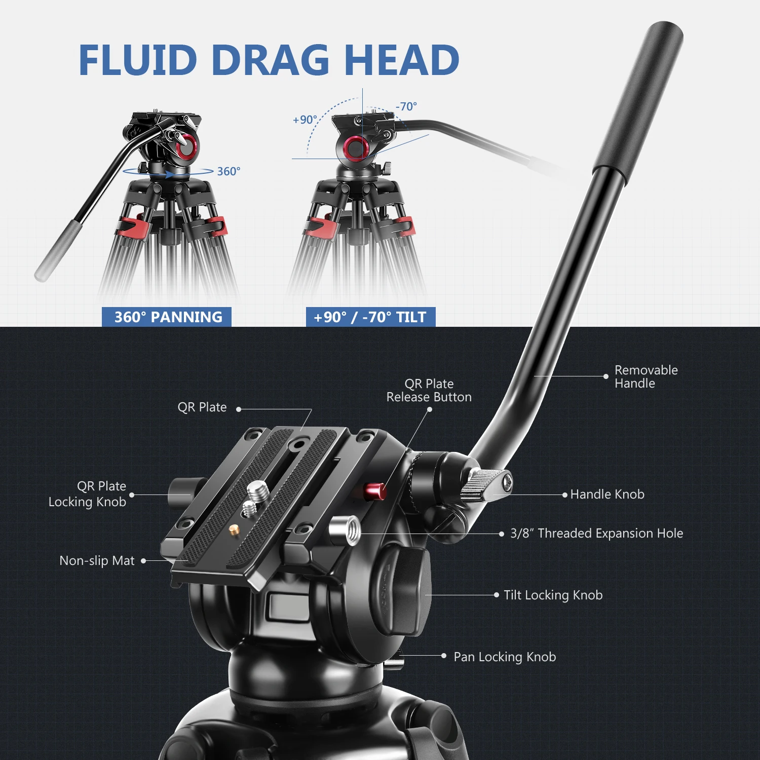 NEEWER Professional Heavy Duty Video Tripod 77 Inches Aluminum Alloy 360  Degree Fluid Drag Head,Quick Shoe Plate/Bubble Level