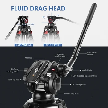 NEEWER Professional Heavy Duty Video Tripod 77 Inches Aluminum Alloy + 360 Degree Fluid Drag Head,Quick Shoe Plate/Bubble Level detail image