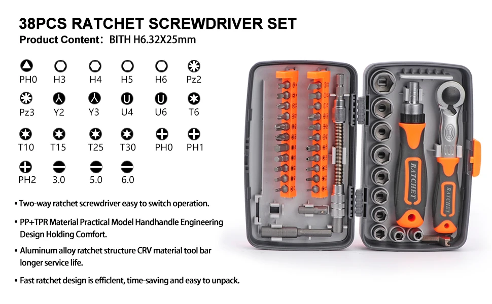 Multifunctional Screwdriver Bit Set 38in1 1/4 Inches Ratchet Socket Set Toolsbox With Sockets