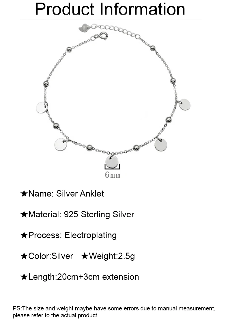 Cute Anklets 925 Sterling Silver Women's Beads Foot Jewelry Round Brand