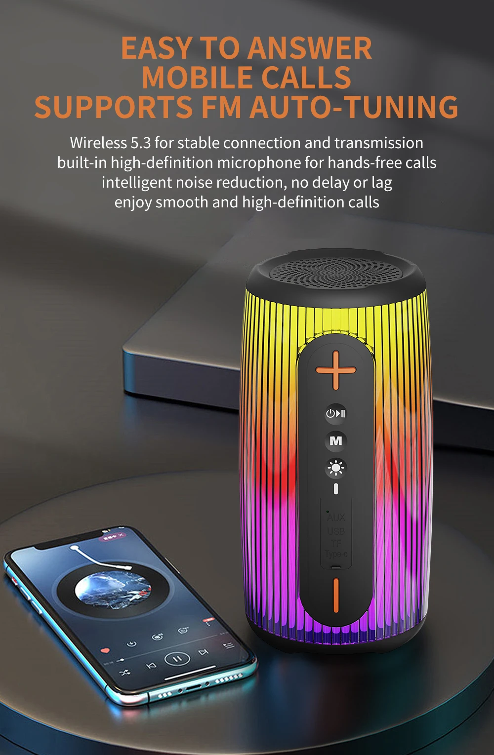HY117 Promotion Portable Wireless Speaker V5.3 with Colorful RGB Lights TWS Stereo Support FM Radio With Handle Included