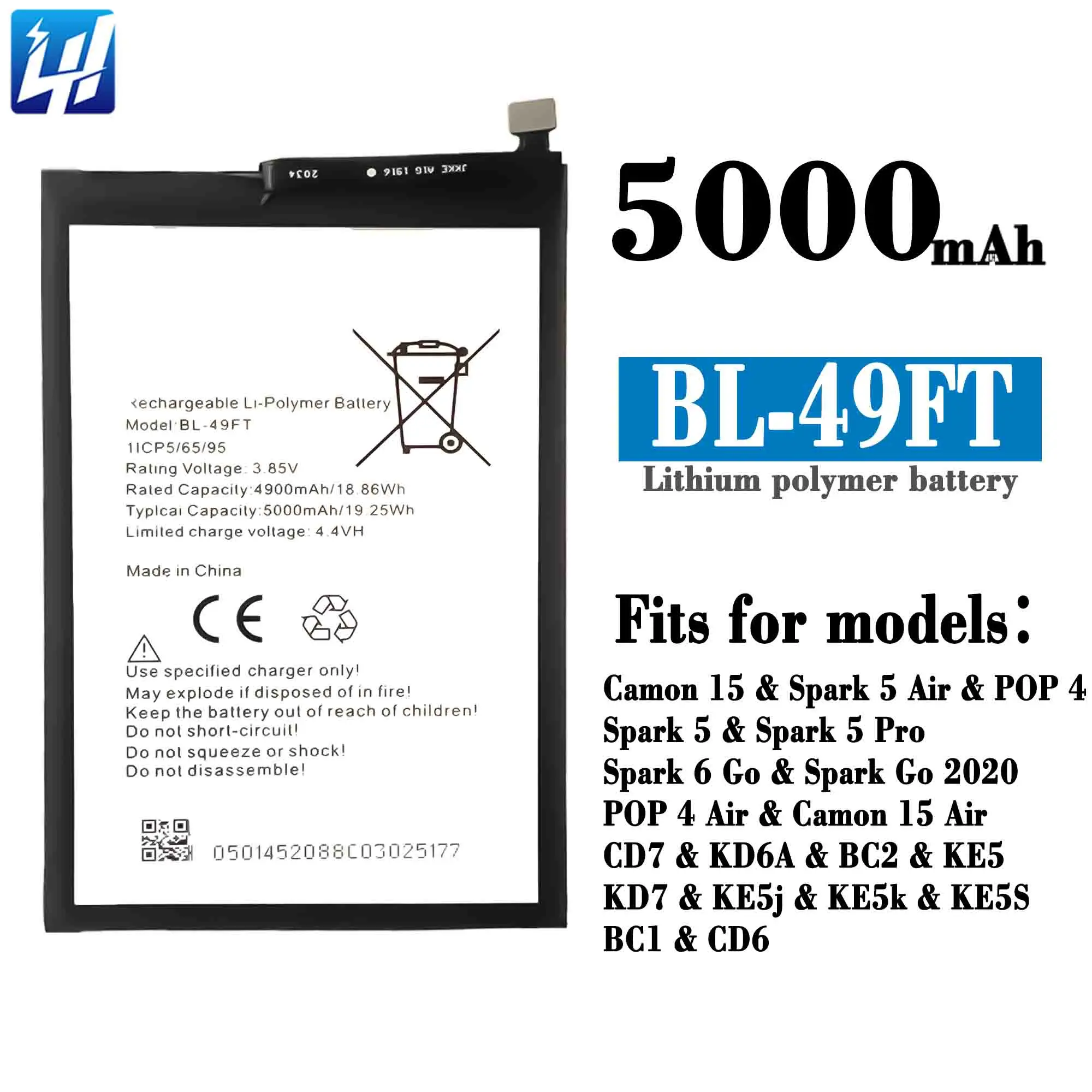 Baterai BL-49FT untuk Tecno Camon 15 Spark5 Air POP Spark Spark5 Pro  Spark Go SparkGo 2020 POP Baterai Udara Camon15