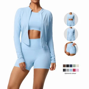 High Quality Ladies Fitness Three-Piece Set Casual Yoga Kit-Long Sleeve Zipper Cardigan Pocket Solid Pattern Breathable Shorts
