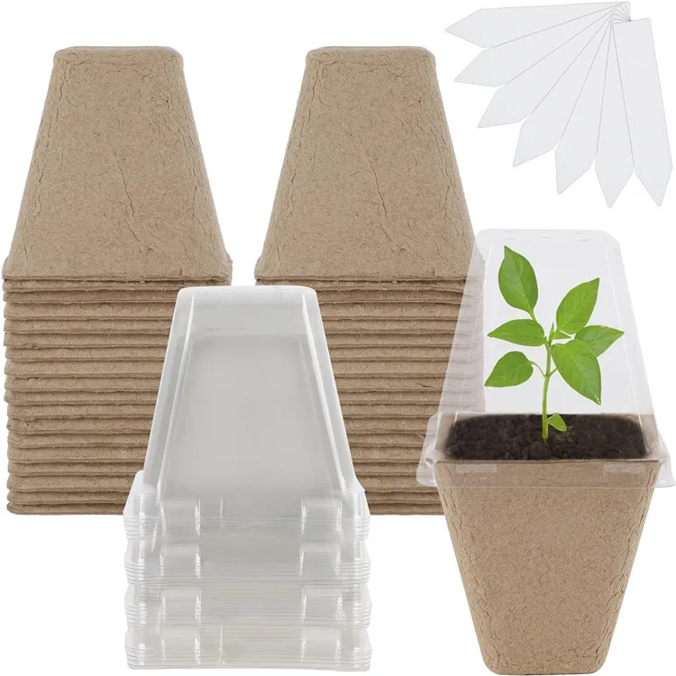 Biodegradable Nursery Pots With Humidity Dome Square Seeding Starter Peat Pots for Seedlings Garden Vegetable Flower Germination
