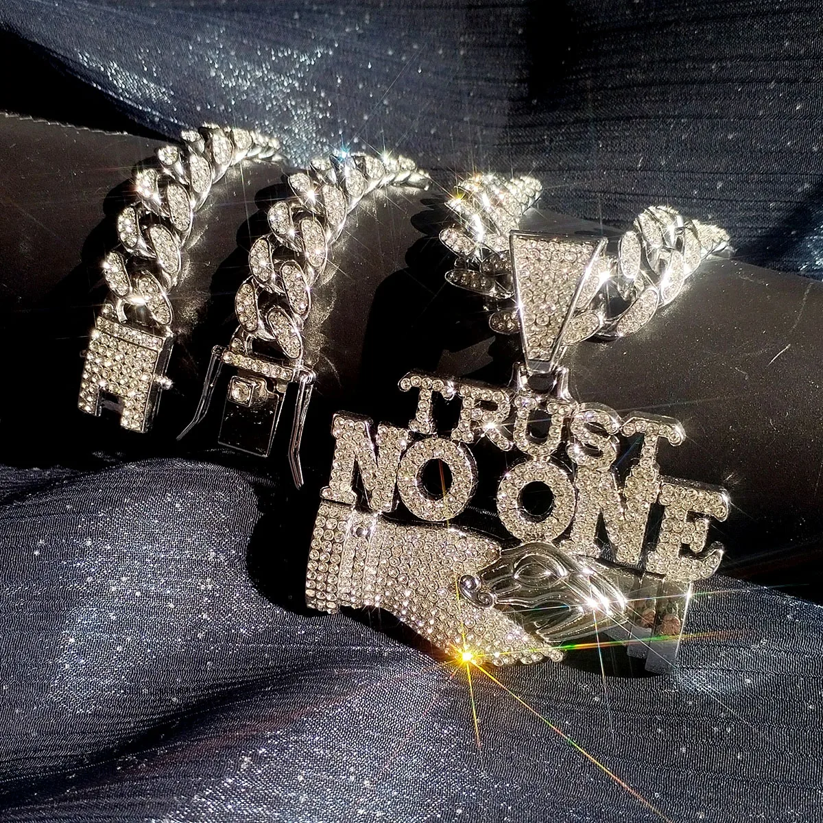 Hip Hop Trust No One Chain Iced Out Pendant Necklace