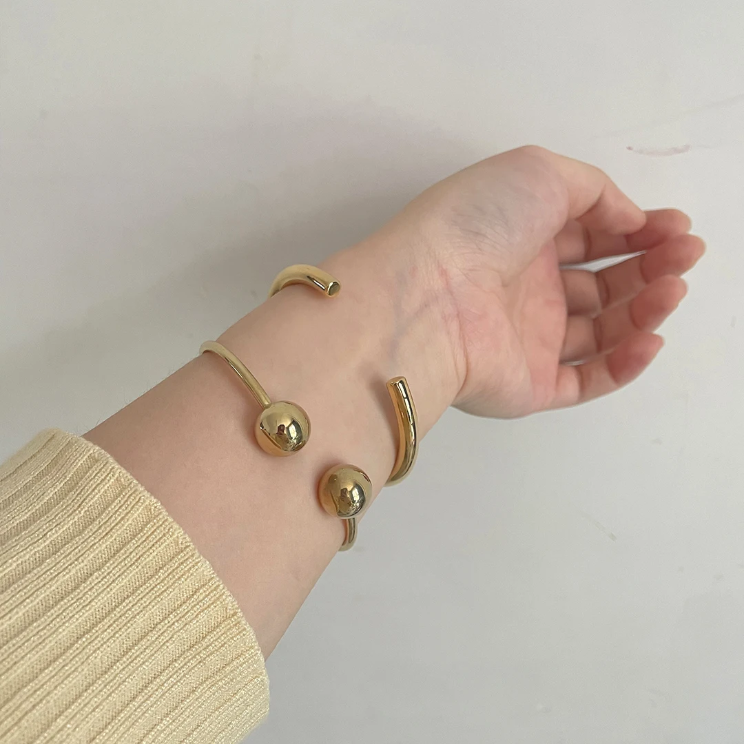 2 Designs Solid Double Ball Open Bangles Thick Circle Plain Bangles for Women 18K Gold Plated Stainless Steel Jewelry Adjustable