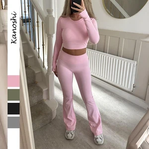 European American Women's Casual Clothing Autumn Winter New Long Sleeve Tops Pants Solid Color Two Piece Club Set Wholesale