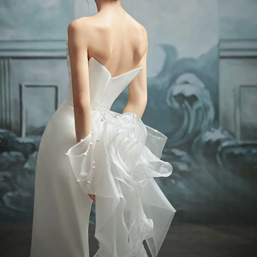 Elegant Satin Lace Wedding Dress Simple Hepburn Style Strapless Mermaid  Bridal Dress Lsmx204-1