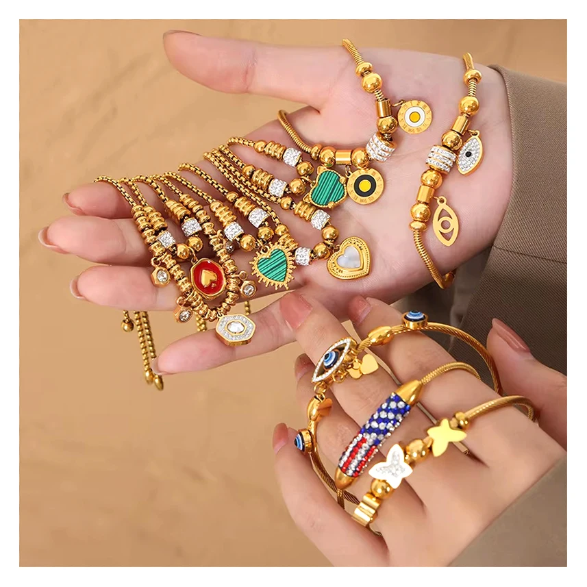 Fashion Bracelet  Stainless Steel Adjustable 18K Gold Plated   Heart Charm Beaded Bangle Bracelet for Women