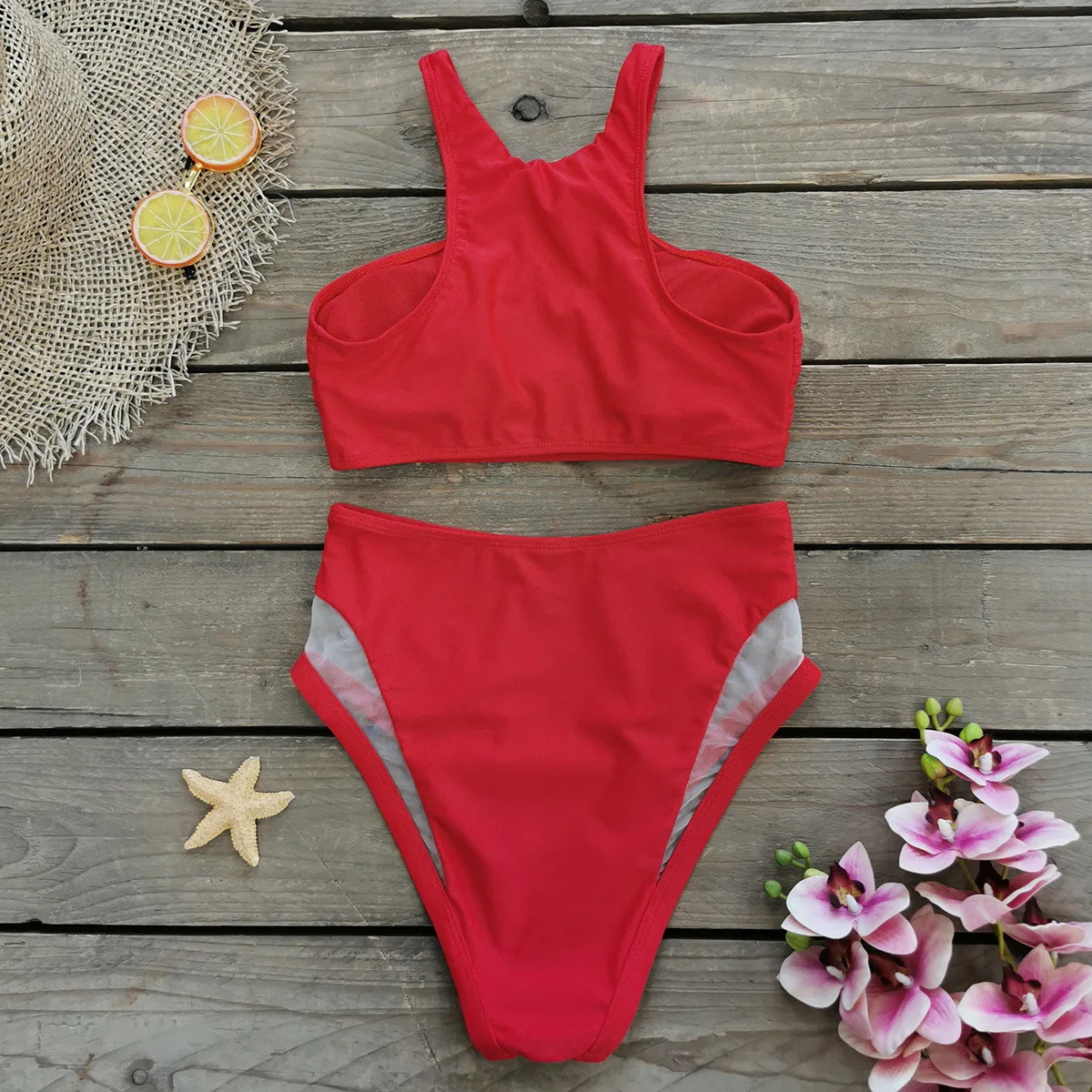 2024 New Solid Red Bikini Sets Contrast Mesh Two Pieces Set Swimwear   H5bcca8fff42a44c48650c1a512075631h 