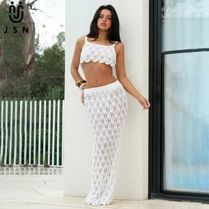 JSN 2026 Customized New Design 2 Piece Knitted Solid Swimdress  for Ladies Women's Backless Swimwear Sexy See Through Bikini Set