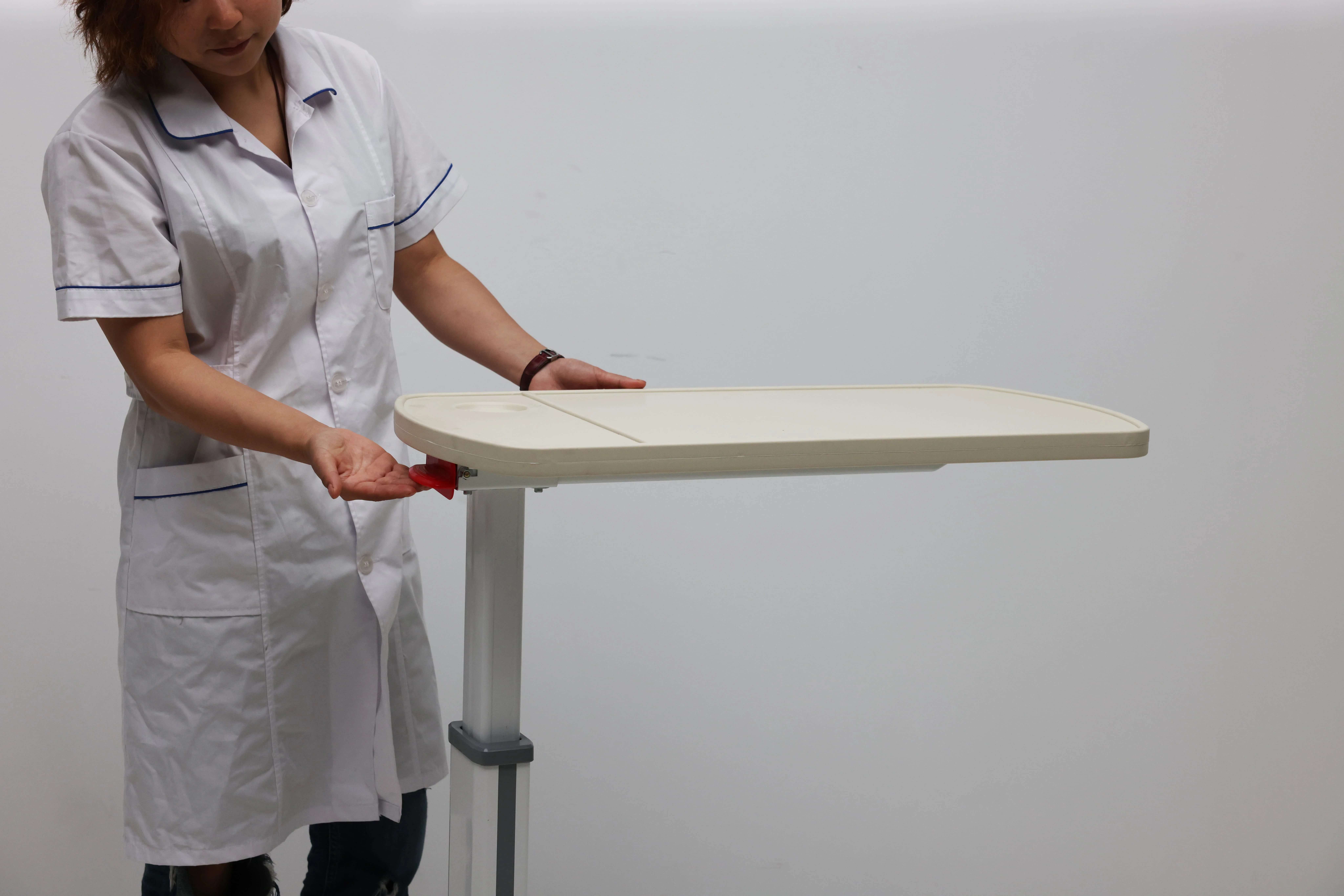 Adjustable Pneumatic Aluminum Overbed Table Wheels Modern Design Hospital Medical Movable Standing Desk Bedside Trolley Hotel 2