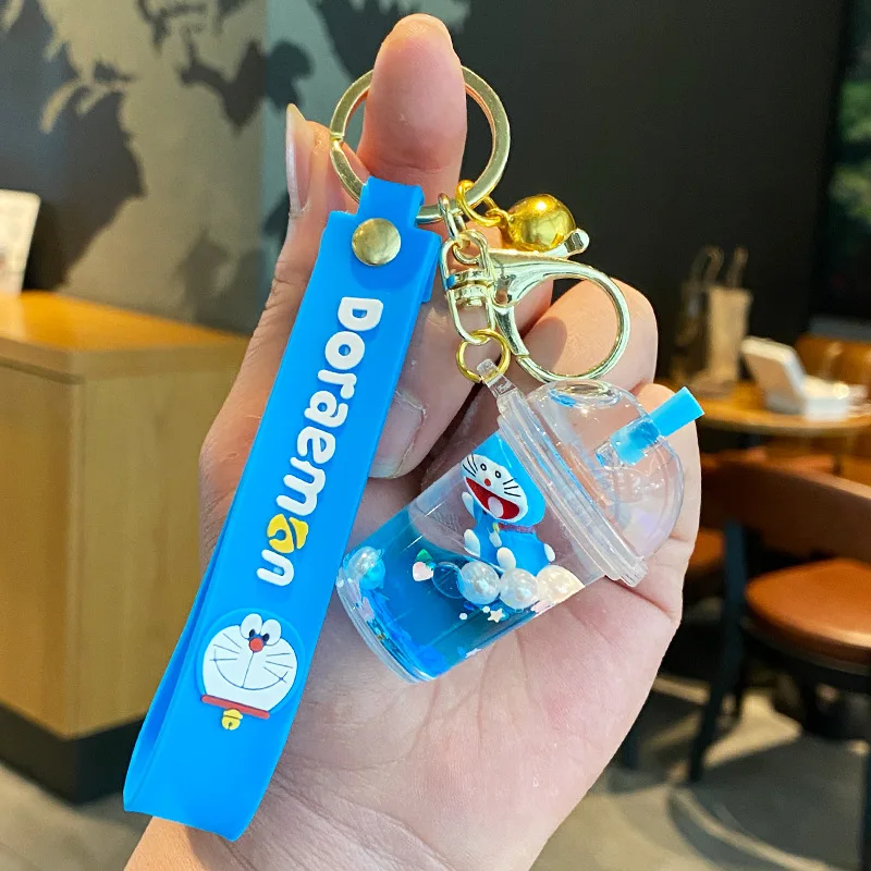 Anime Designer Liquid Keychain Kawaii Boba Llavros Key Ring Plastic Key Chain Cartoon Anime Doraemon Bottle Floating Keychain