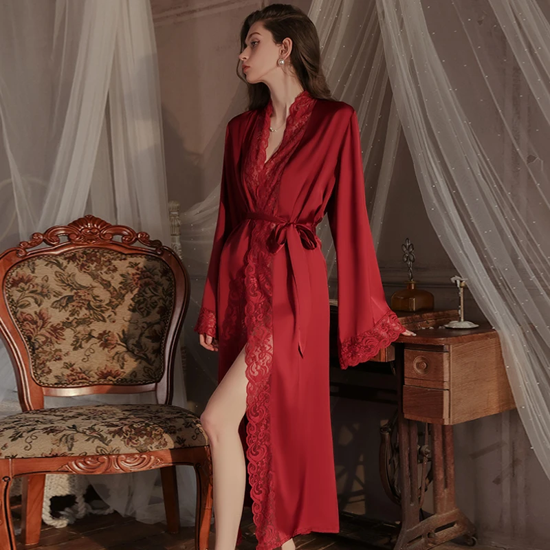 Plus-Size XL Summer Ice Silk Lace-Up Robe Long Patchwork Lace Women Sexy Satin Nightgown Pajamas Lingerie Adults