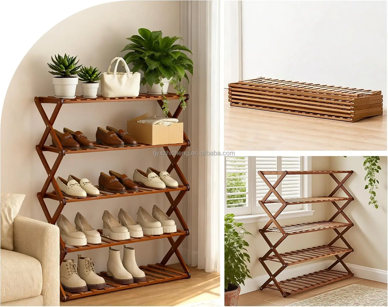 product bamboo foldable shoe rack 5 tier shoe storage organizer  folding shoe shelf for entryway bathroom  living room-5