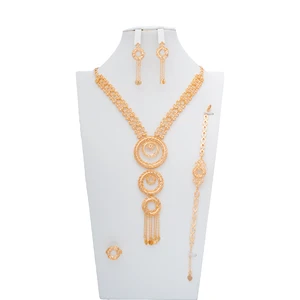 Bridal Fashion 18K Gold Plated Jewelry Set Women's Necklace Earrings Ring Bracelet for Wedding Gift Main Material Brass