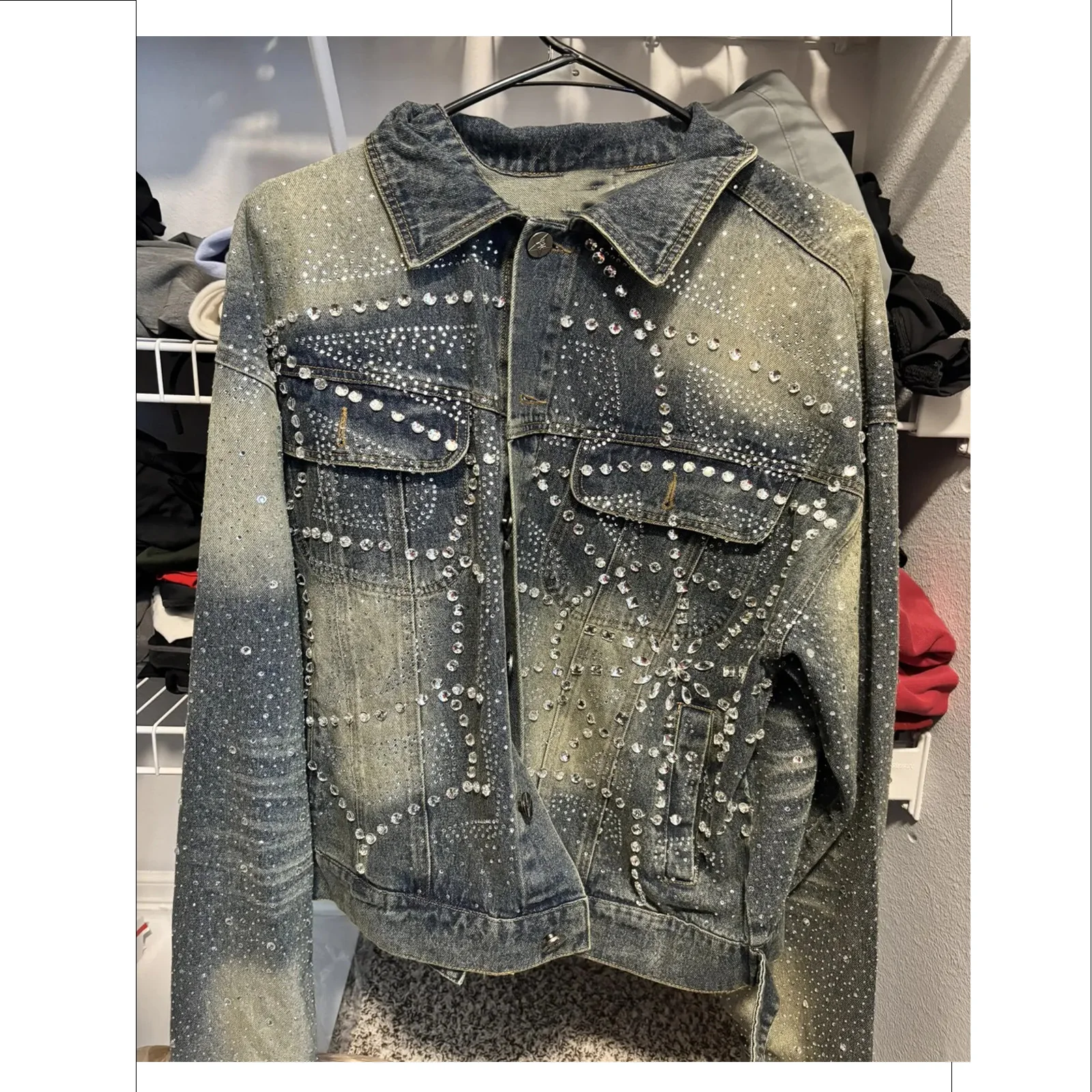 Custom Casual Crystal Drop Shoulder Heavyweight Jeans Denim Vintage Sun Fade Cotton Long Sleeve Rhinestone Turn Down Neck Jacket gallery 7