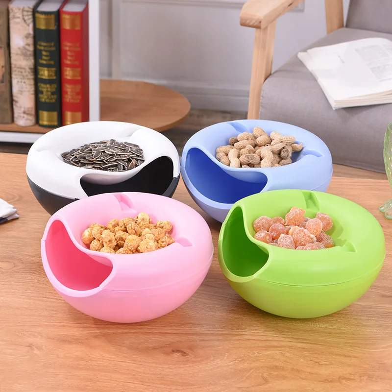 Creative Lazy Fruit Dish Snacks Nut Melon Seeds Bowl Double Layer Plastic Candy Plate  with Phone Holder