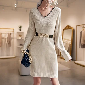 Ladies' Fashion Dress New Ladies Sweater Casual Minimalist Style Short Skirt Lace V-Neck Knit Long Sleeve Ladies Sweater Dress