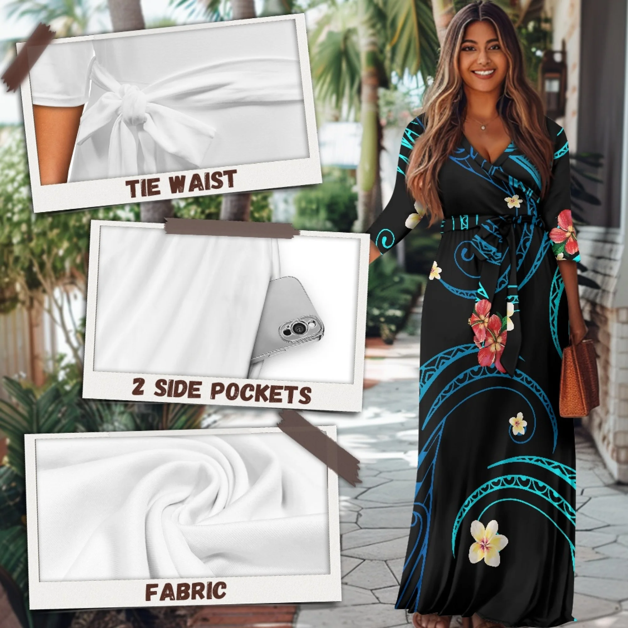 Latest Arrival Polynesian Tribal Casual Dresses Custom Samoan Design Slim  Elegant Puletasi Dress Comfy Evening Dress with Pocket