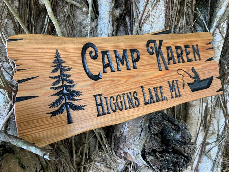 Wood Designer Wooden Design Pick Size and Font Wooden Carved Cabin Pine Trees Custom Camp Personalized Rustic Home Sign