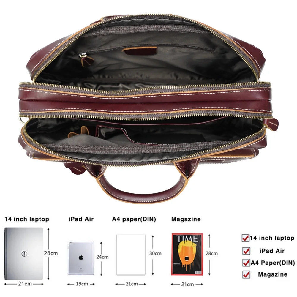 TIDING Custom Durable Top Grain Leather Briefcase Women Business Wine Red Genuine Leather Laptop Briefcase for Man
