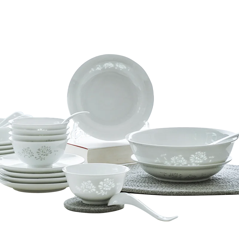 High-end Jingdezhen white porcelain exquisite tableware high temperature underglaze color gift ceramic bowls and plates set