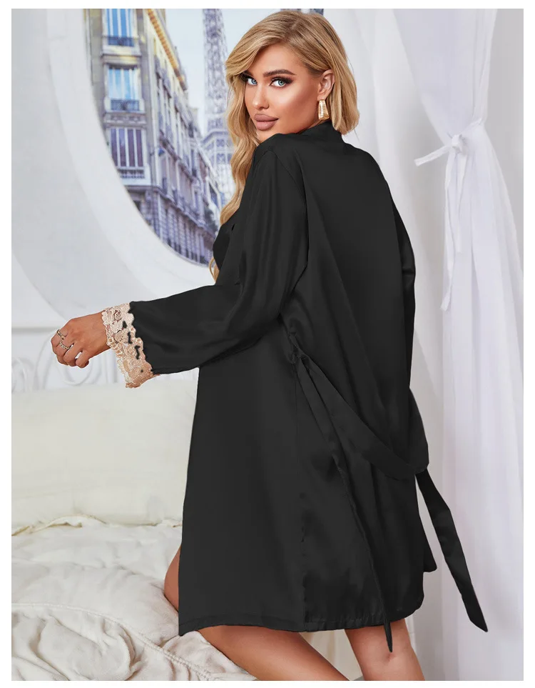 4 Color Women Sexy Lace Satin Silk Night Wear Backless Pajamas And Robe